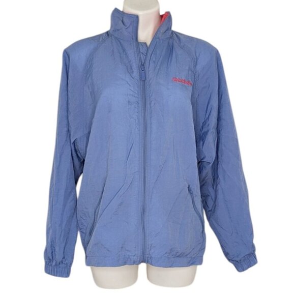 VTG Reebok Blue Purple Collapsible Hood Full Zip Windbreaker Track Jacket - Picture 1 of 8